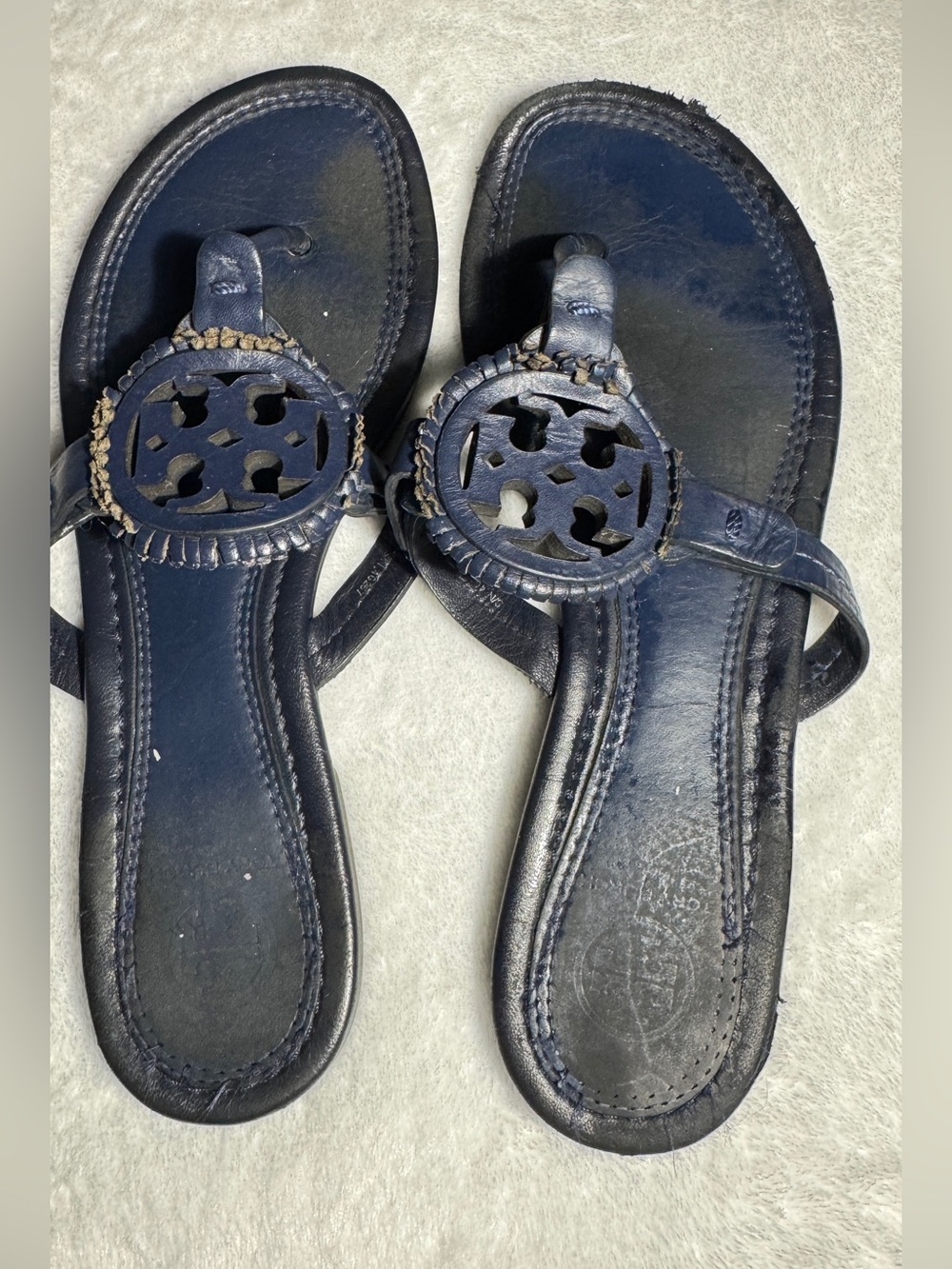 Tory Burch Navy Logo Cutout Leather Thong Sandals